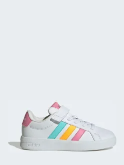 adidas White/Multi Grand Court 3.0 Elastic Lace Kids Trainers^BOY School Shoes|Boys Shoes