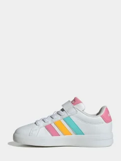 adidas White/Multi Grand Court 3.0 Elastic Lace Kids Trainers^BOY School Shoes|Boys Shoes