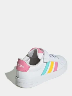 adidas White/Multi Grand Court 3.0 Elastic Lace Kids Trainers^BOY School Shoes|Boys Shoes