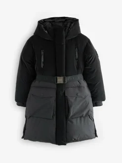 Clearance Baker by Ted Baker Shower Resistant Longline Belted Padded Black Parka