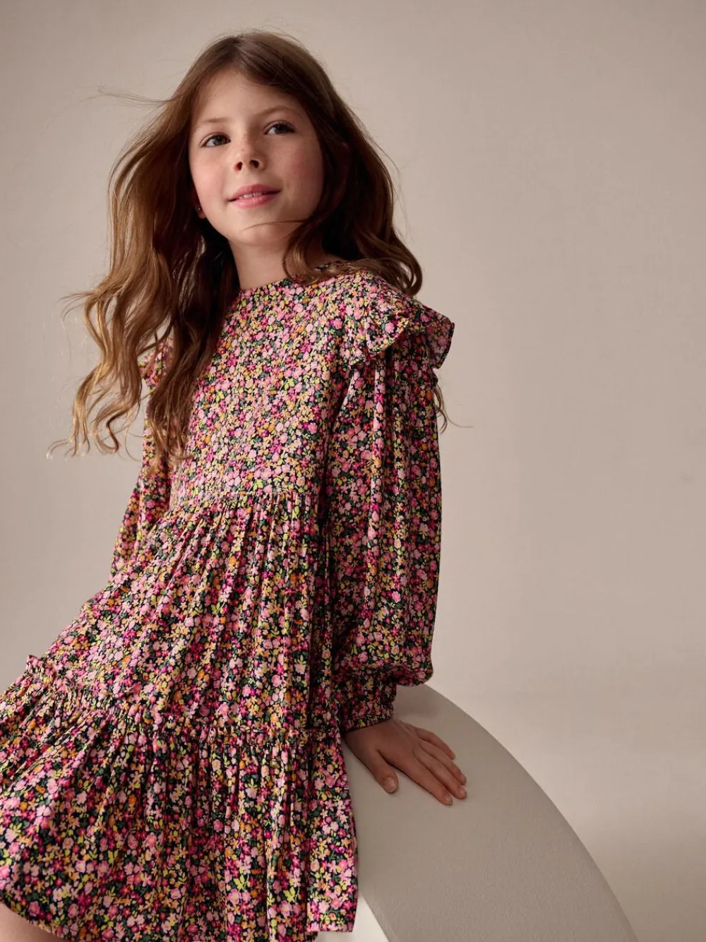 Outlet Next Long Sleeve Ruffle Dress (3-16yrs) Berry Pink Ditsy