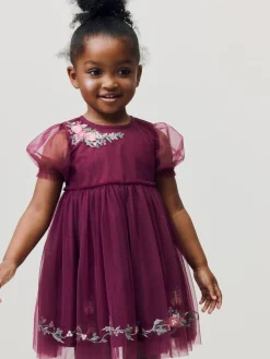 Next Berry Red Embroidered Mesh Party Dress (3mths-8yrs)^ Dresses|Dresses