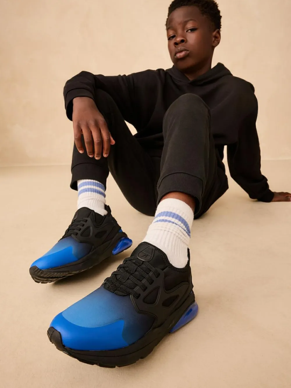 Next Black Blue Ombre Standard Fit (F) Elastic Lace Trainers^BOY Sneakers