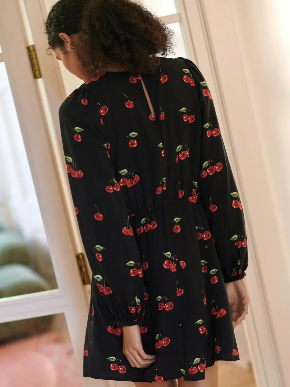 Online Next Black Cherry Print Mini Long Sleeve A-Line Seam Detail Dress