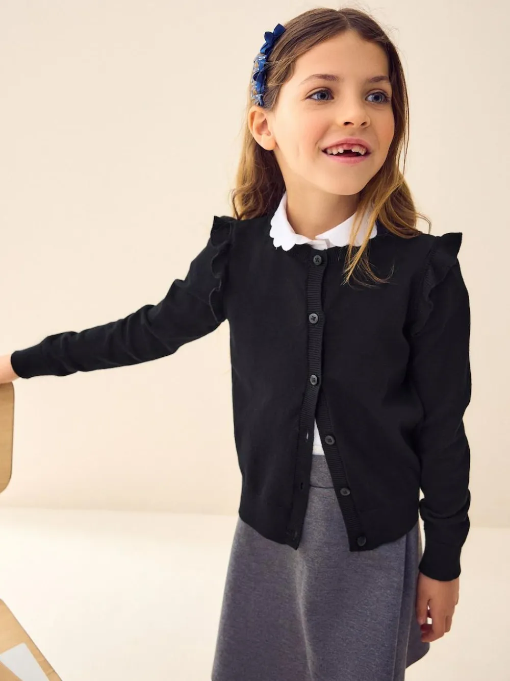 Clearance Next Black Cotton Rich Frill Shoulder School Cardigan (3-16yrs)