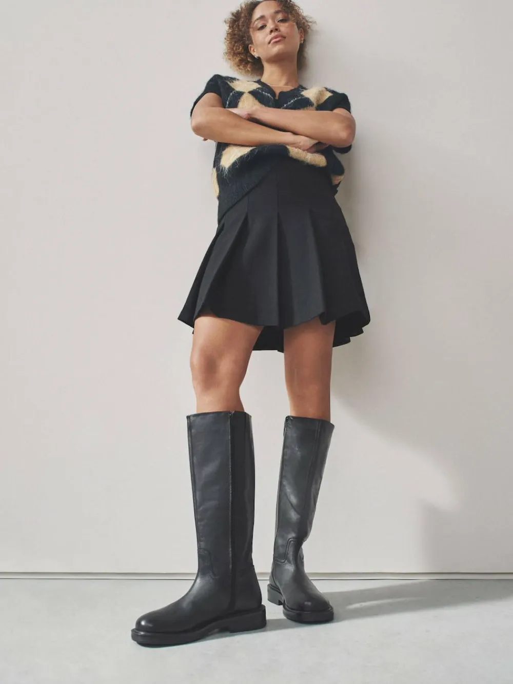 New Next Forever Comfort® Leather Round Toe Chunky Knee High Boots Black
