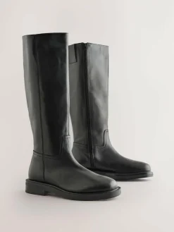 New Next Forever Comfort® Leather Round Toe Chunky Knee High Boots Black