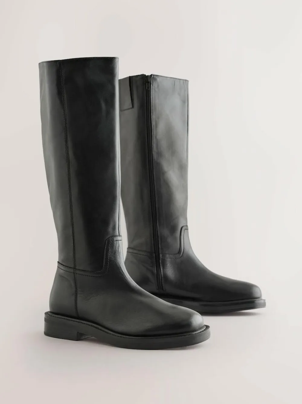 New Next Forever Comfort® Leather Round Toe Chunky Knee High Boots Black