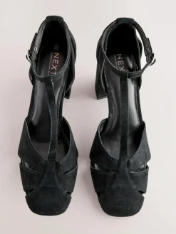 Hot Next Black Forever Comfort® Leather T-Bar Cutout Closed Toe Block Heels