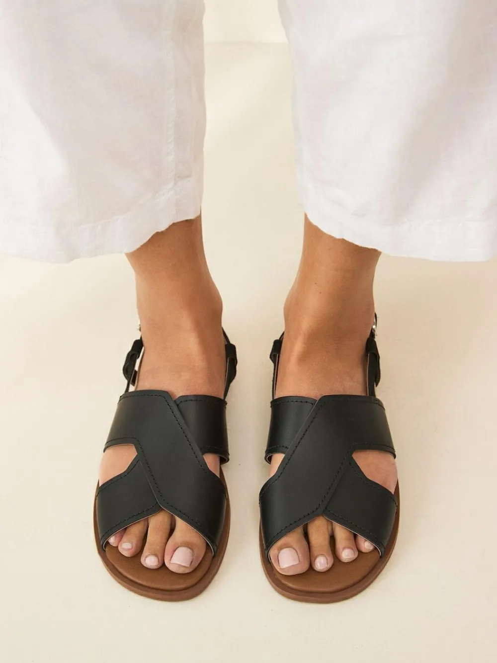 Next Standard/Wide Fit Stitched Slingback Sandals Black Leather