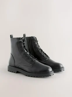Next Black Leather Standard/Wide Fit Forever Comfort® Square Toe Lace-Up Boots^Women Wide Fit & Extra Wide Fit|Boots & Wellies