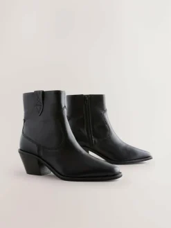 Clearance Next Standard/Wide Fit Cowboy Block Heel Ankle Boots Black Leather