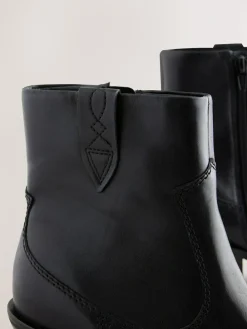 Clearance Next Standard/Wide Fit Cowboy Block Heel Ankle Boots Black Leather