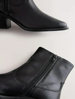 Clearance Next Standard/Wide Fit Cowboy Block Heel Ankle Boots Black Leather