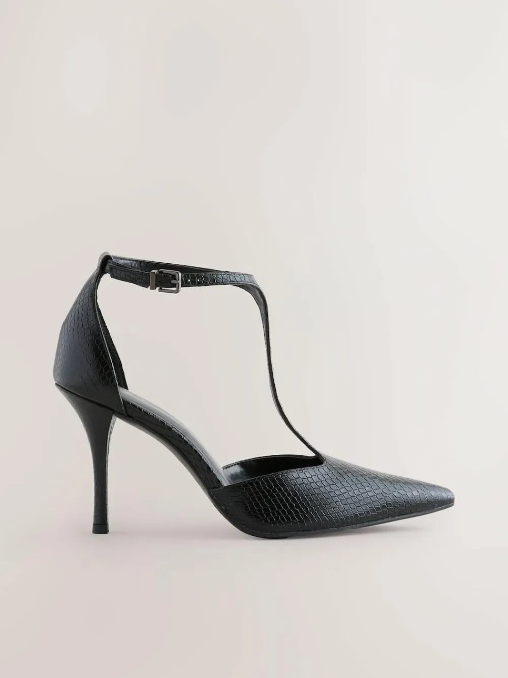 Discount Next Leather T-Bar Pointed Toe Heels Black Lizard Effect