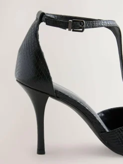 Discount Next Leather T-Bar Pointed Toe Heels Black Lizard Effect