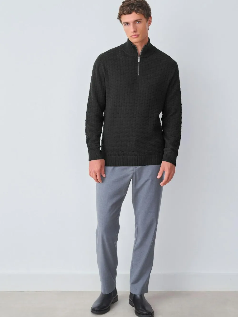 Clearance Next N.Premium Cotton Rich Regular Fit Premium Textured Quarter Zip Neck Jumper Black