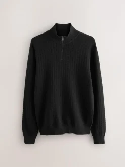 Clearance Next N.Premium Cotton Rich Regular Fit Premium Textured Quarter Zip Neck Jumper Black