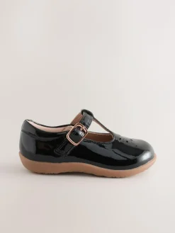 Hot Next Wide Fit (G) First Walker T-Bar Touch Fastening Shoes Black Patent Leather
