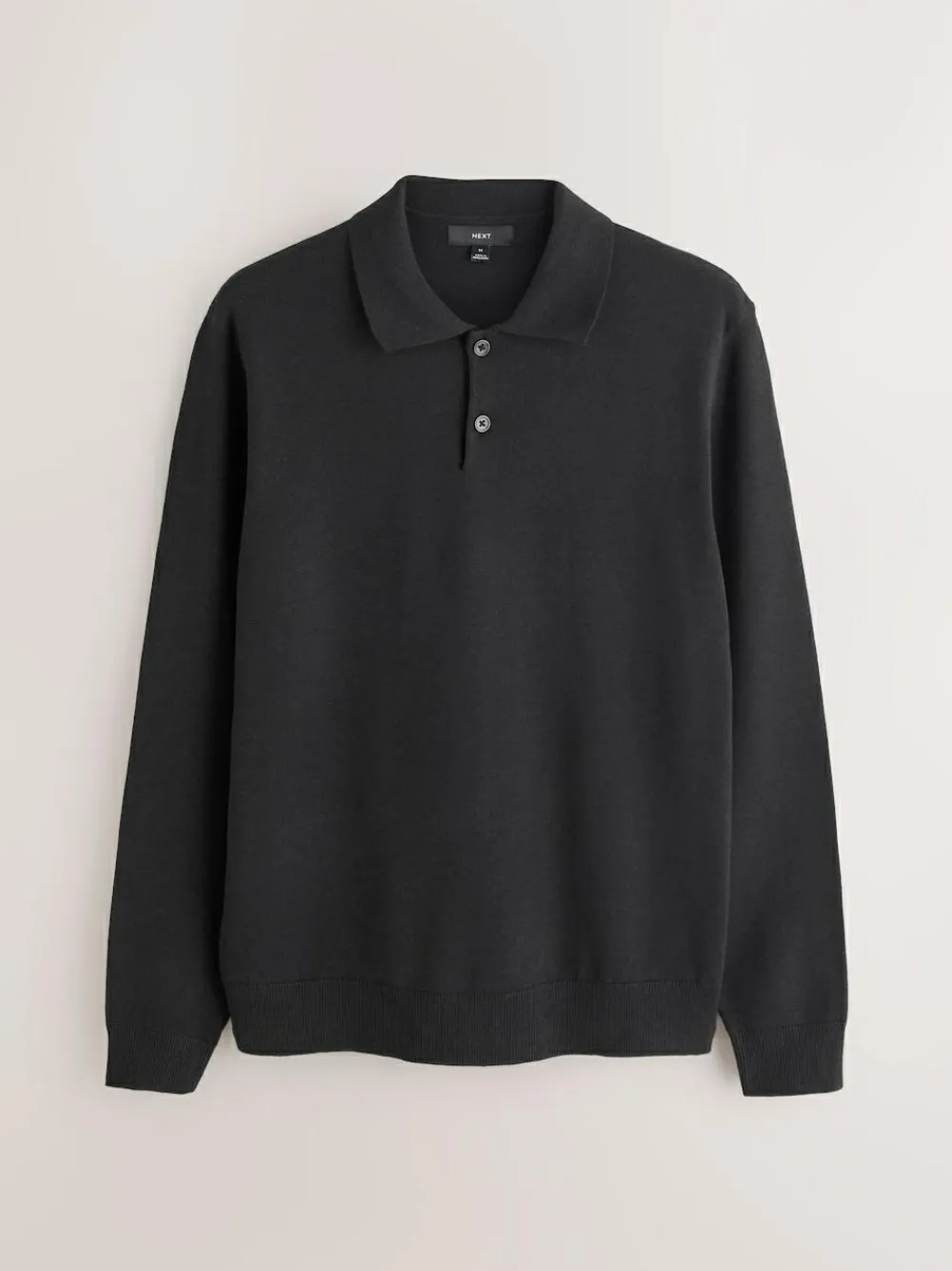 Next Plain Regular Fit Essential Long Sleeve Knitted Polo Shirt Black