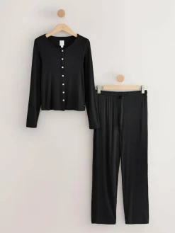 Next Ribbed Long Sleeve Pyjamas Black