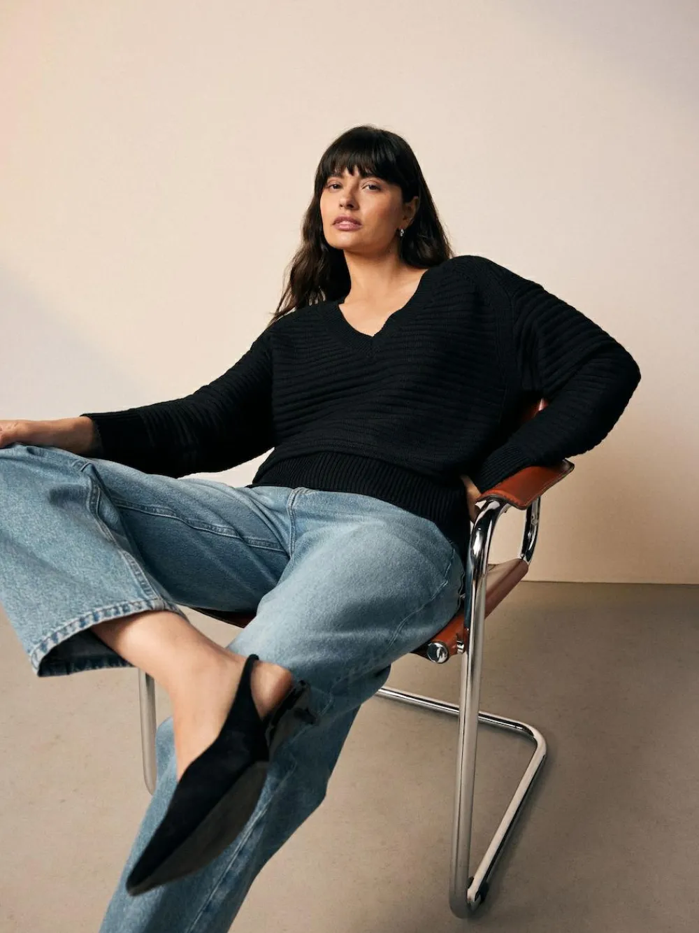 New Next Ribbed V-Neck Knitted Jumper Black