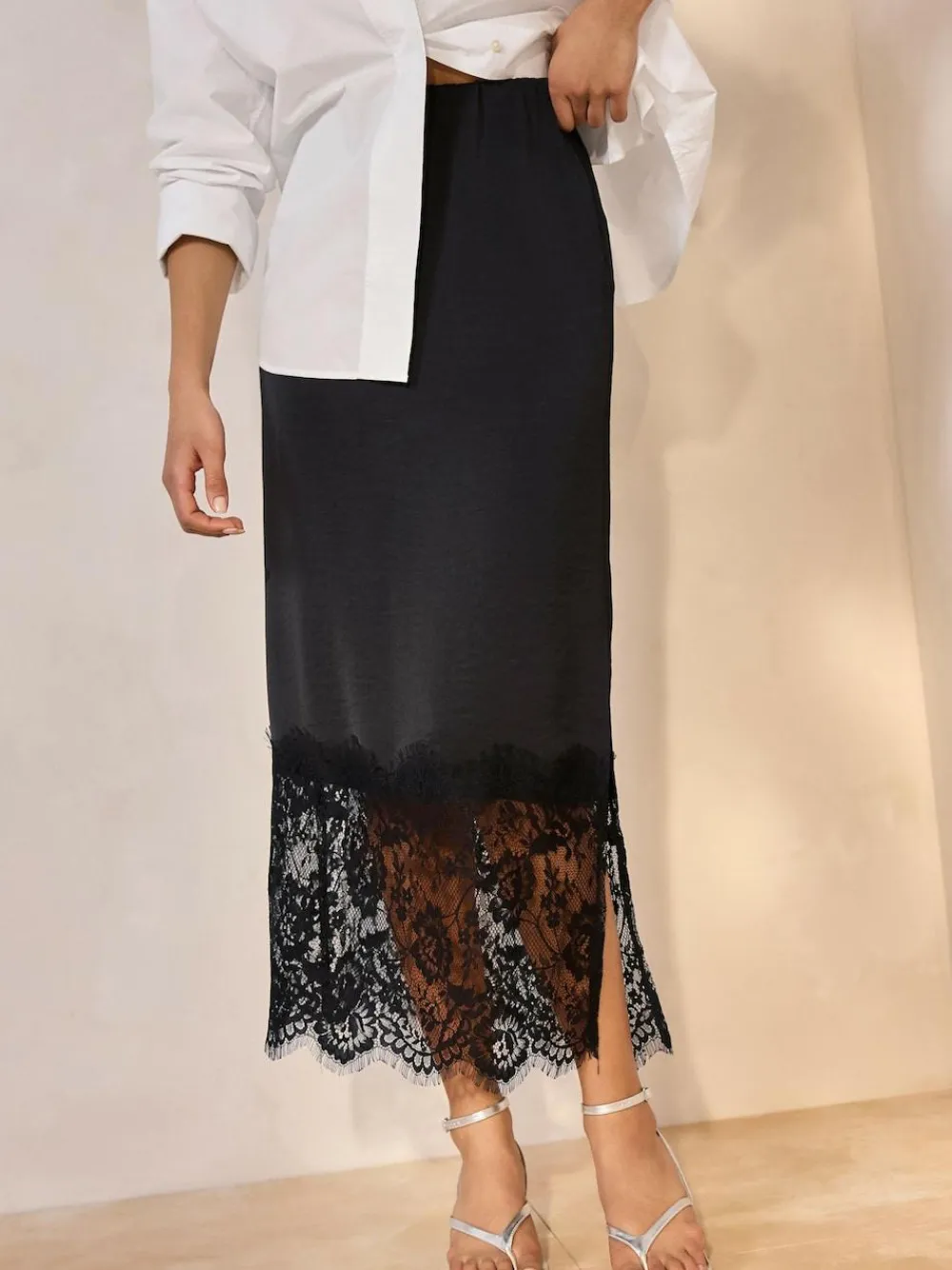 Sale Next Satin Midi Skirt With Lace Trim Black