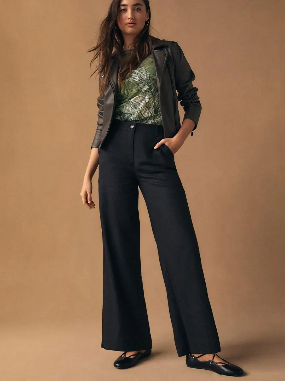 Clearance Next Smart Front Linen Blend Wide Leg Trousers Black