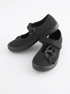 New Next Standard Fit (F) Butterfly Embroidered School Plimsoll Shoes Black