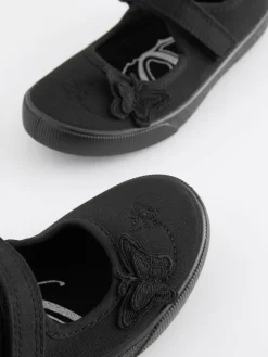 New Next Standard Fit (F) Butterfly Embroidered School Plimsoll Shoes Black