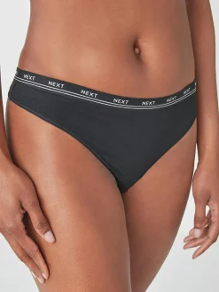 Next Thong Cotton Logo Knickers 4 Pack Black