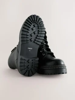 Hot Next Black Wide Fit (G) Leather Chunky Lace-Up Boots