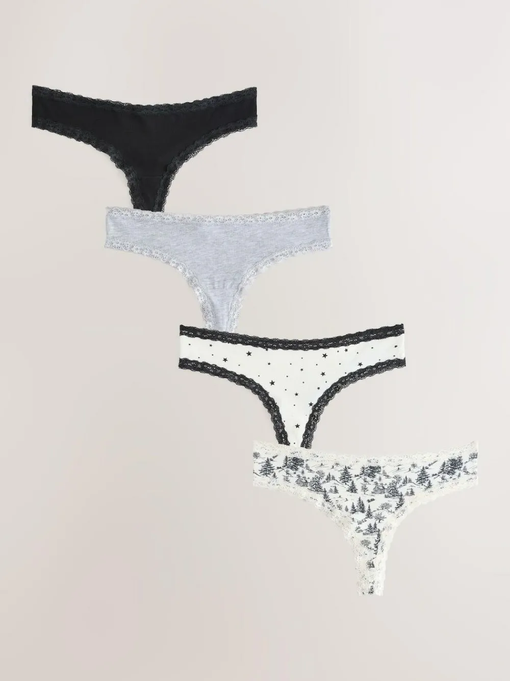 Next Black/Cream Thong Cotton Lace Knickers 4 Pack^Women All Lingerie|Panties