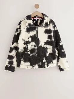 Next Black/Ecru Cow Print Soft Touch Cosy Teddy Borg Quarter Zip Fleece^Women Loungewear|Hoodies & Sweatshirts