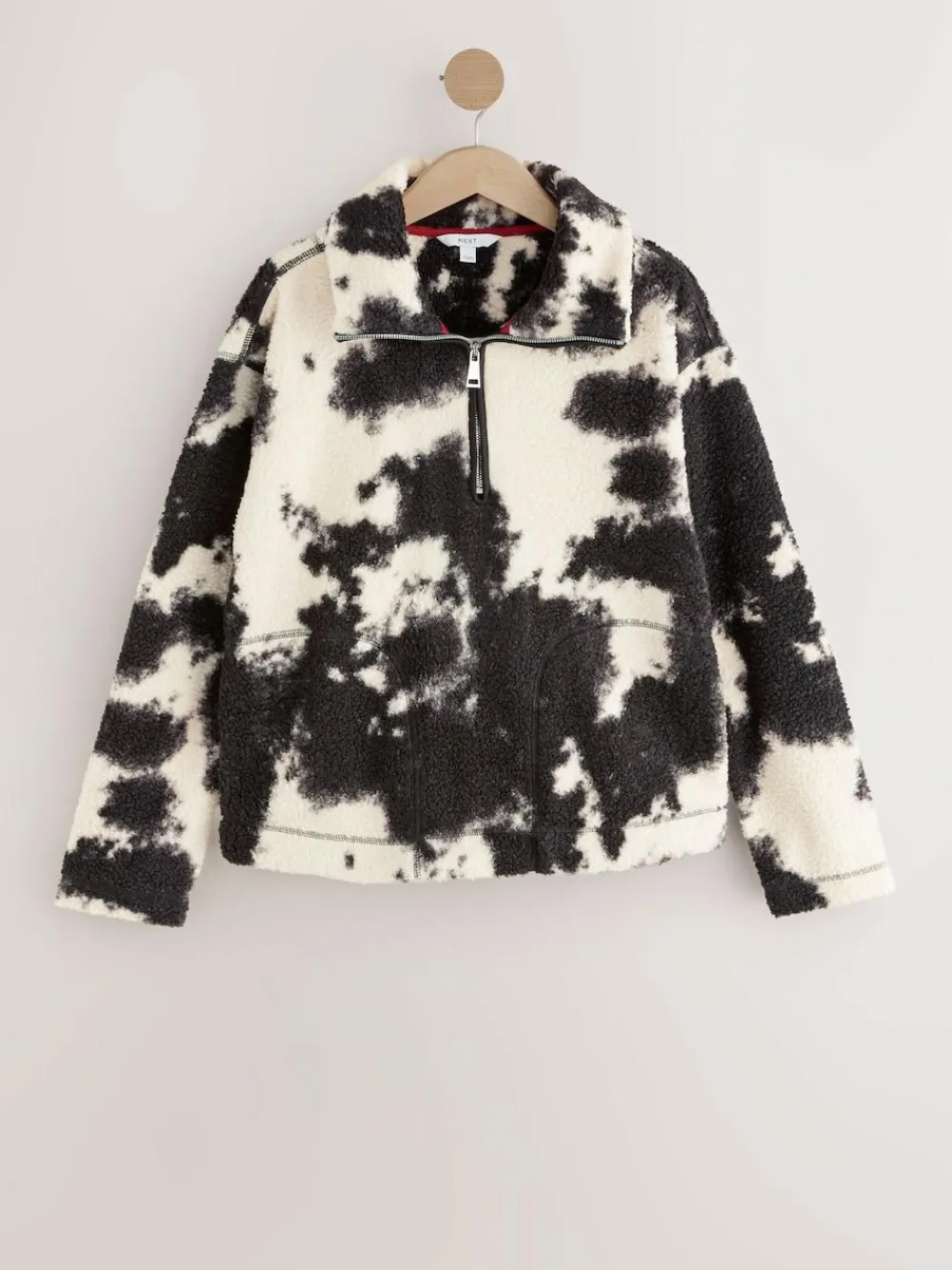 Next Black/Ecru Cow Print Soft Touch Cosy Teddy Borg Quarter Zip Fleece^Women Loungewear|Hoodies & Sweatshirts
