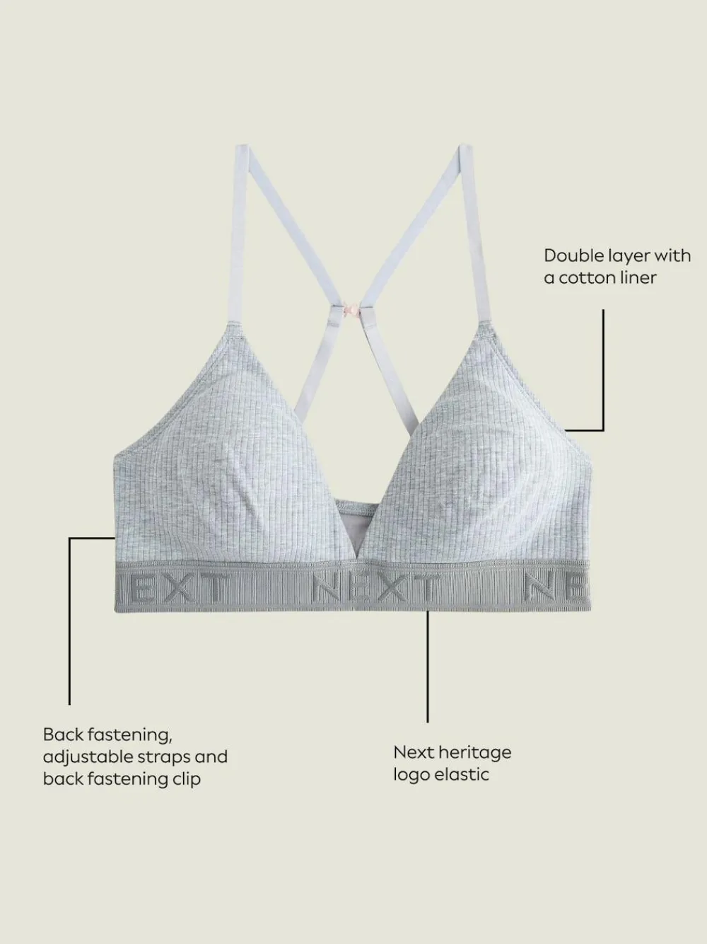 Outlet Next Cotton Ribbed Logo Bralettes 3 Pack Black/Grey/Pink