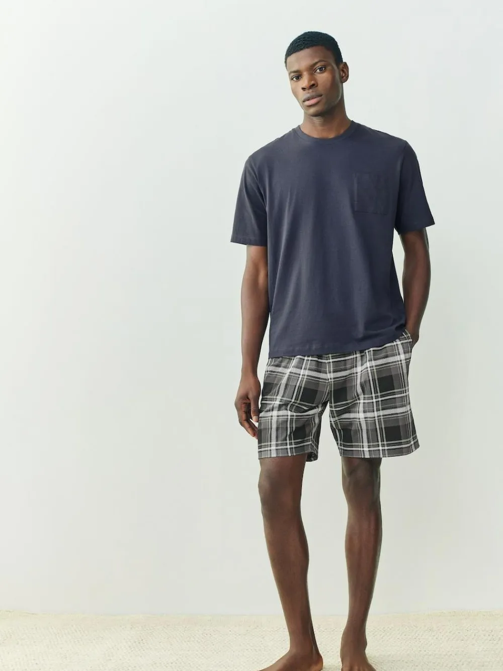 Outlet Next Black/Navy Blue Check Short Sleeve Jersey Pyjamas Set 2 Pack