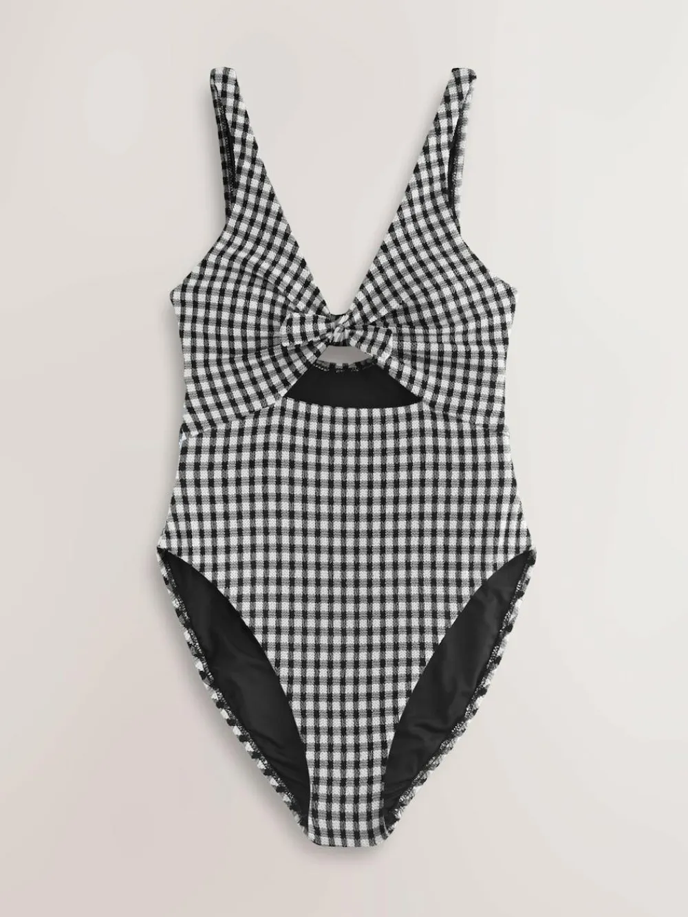 Next Black/White Crinkle Gingham Cutout Plunge Tummy Control Swimsuit^Women Swimwear