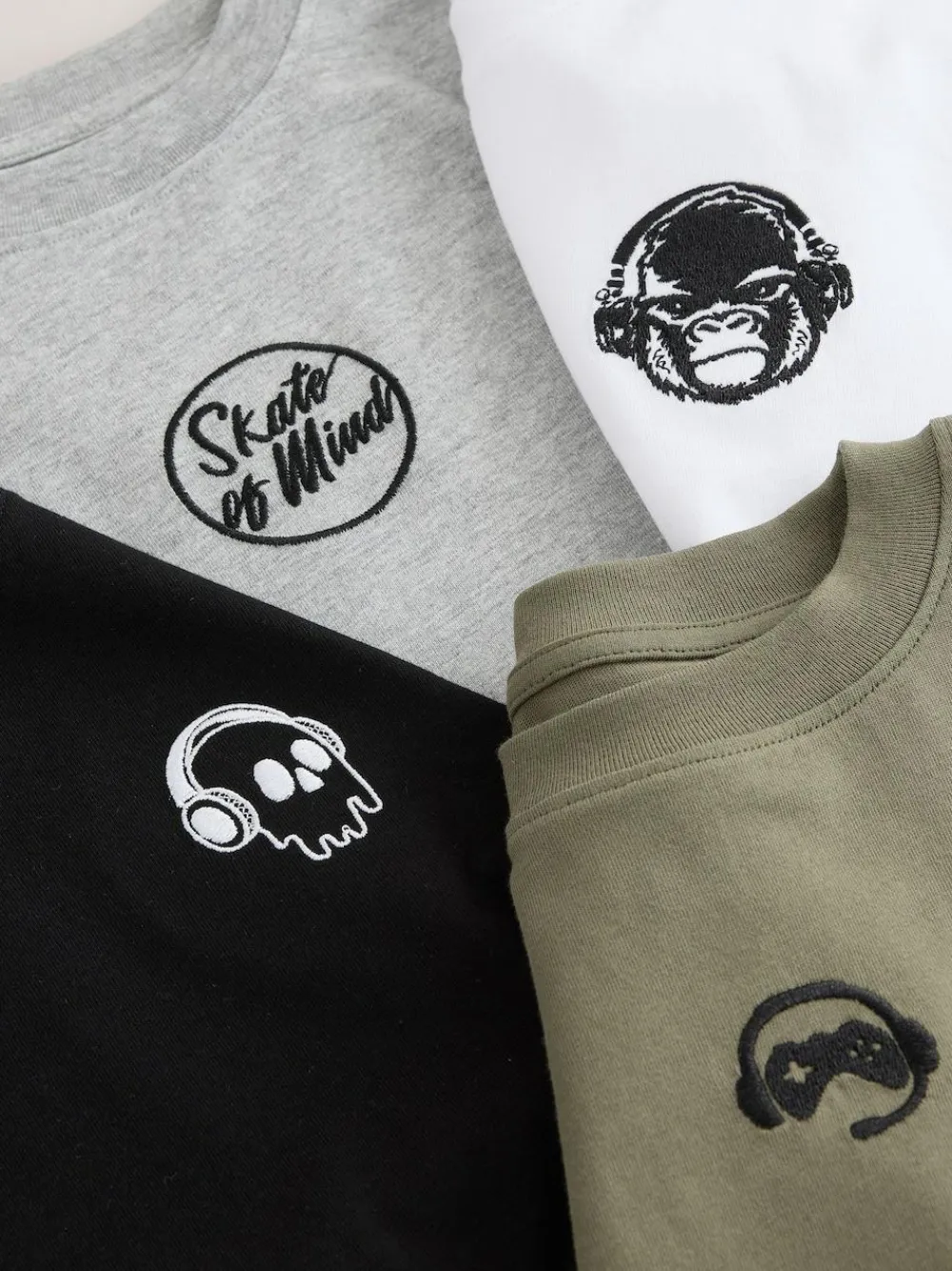 Best Next Long Sleeve Small Graphic T-Shirts 4 Pack (3-16yrs) Black/White/Grey Marl/Khaki