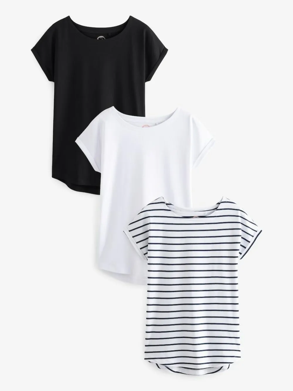 Clearance Next Cap Sleeve 100% Cotton T-Shirts 3 Pack Black/White/Stripe