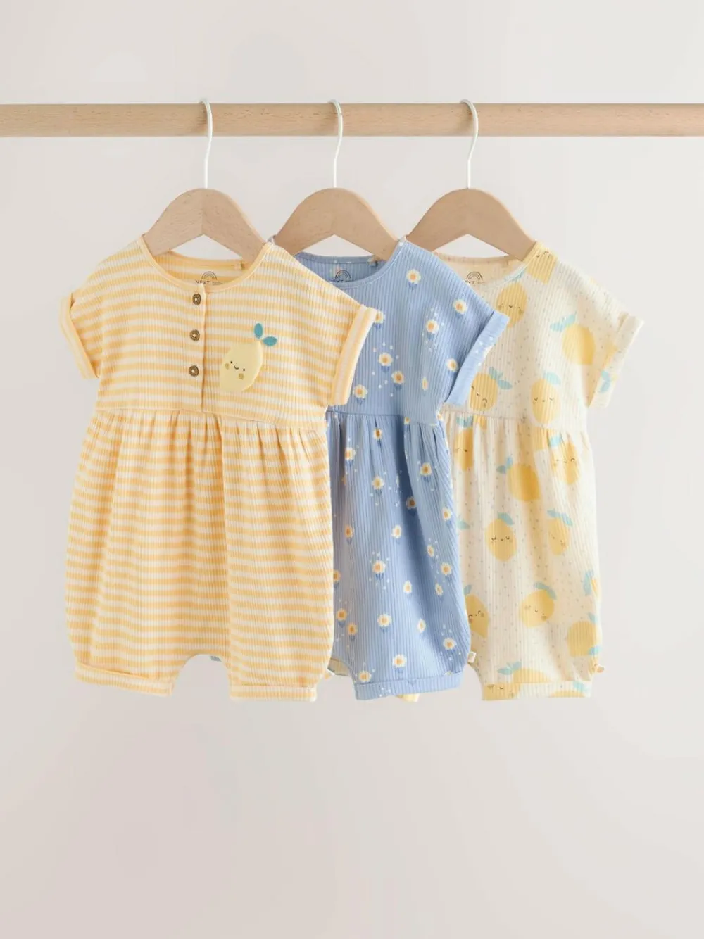 Next Blue and Lemon Printed Button T Shirt Jersey 3 Pack Baby Rompers^ Rompers & Overalls