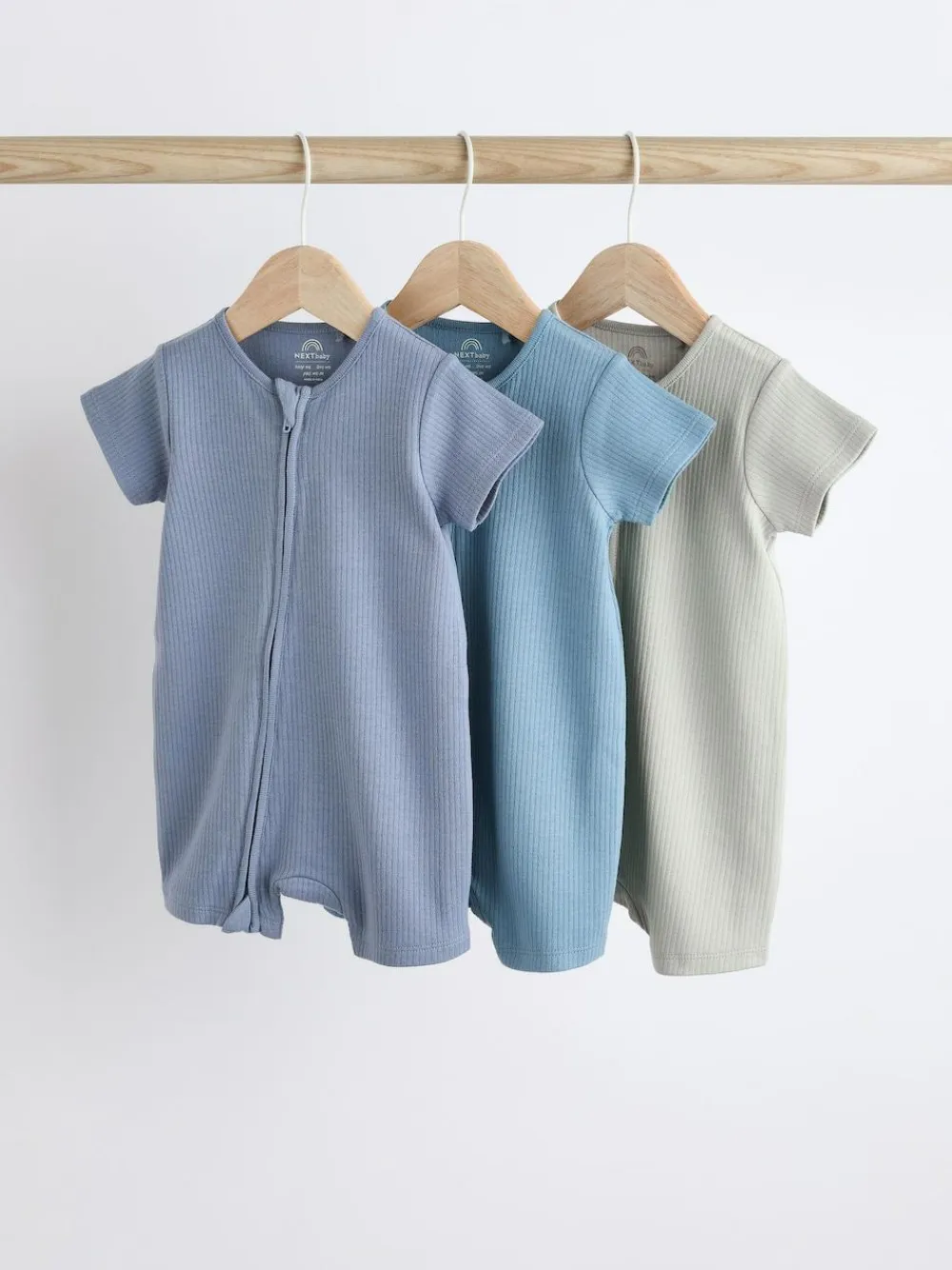 New Next Blue Baby Two Way Zip 100% Cotton Rompers 3 Pack (0-3yrs)