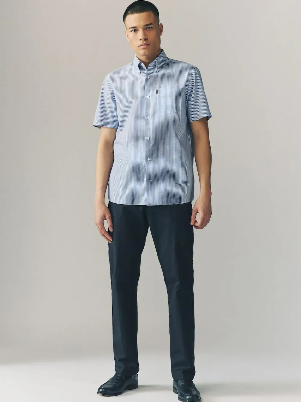 Clearance Next Blue Bengal Short Sleeve With Button Down Collar Stripe Easy Iron Oxford Shirt