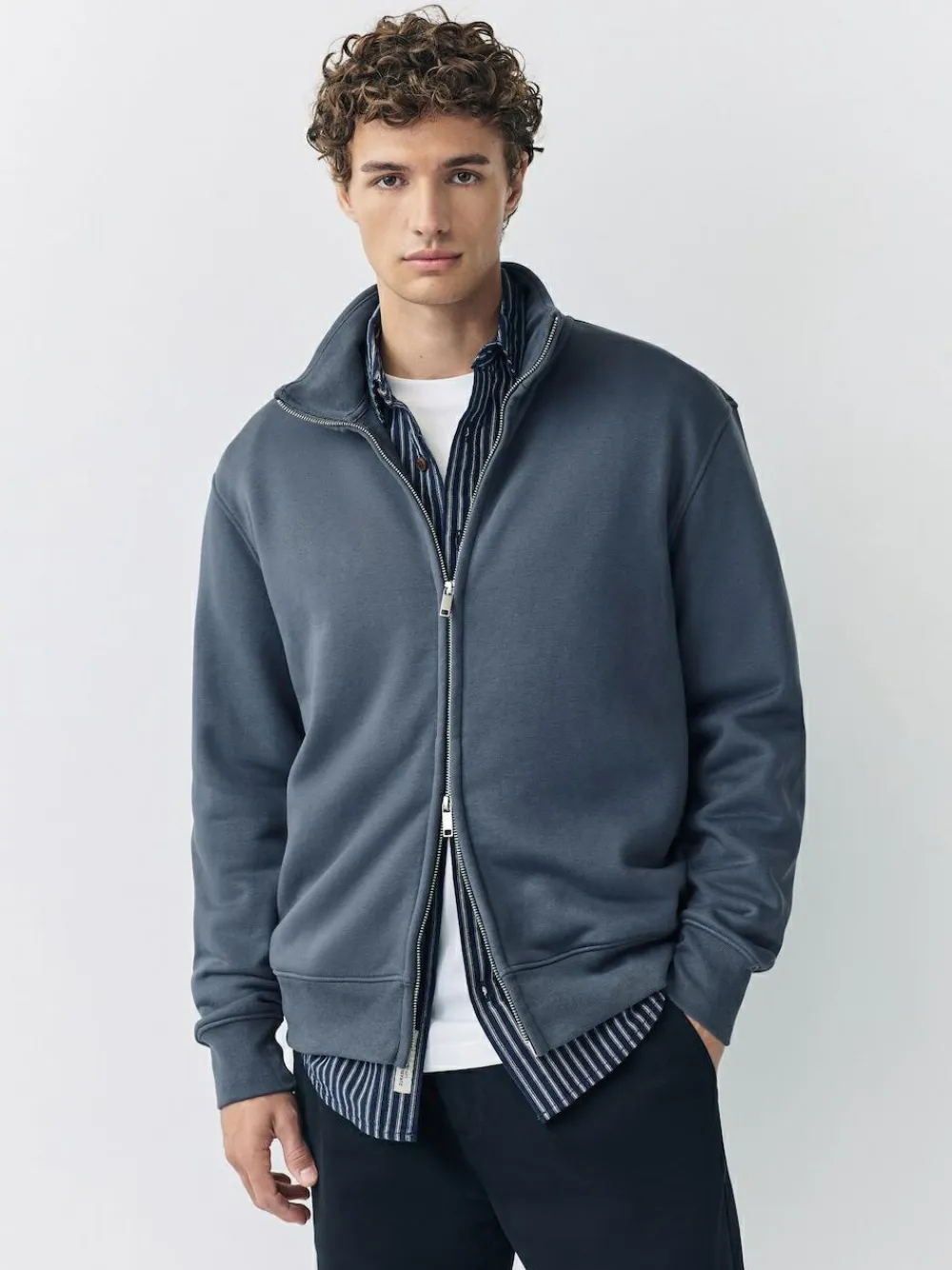 Online Next Cotton Rich Jersey Full Zip Funnel Neck Sweatshirt Blue