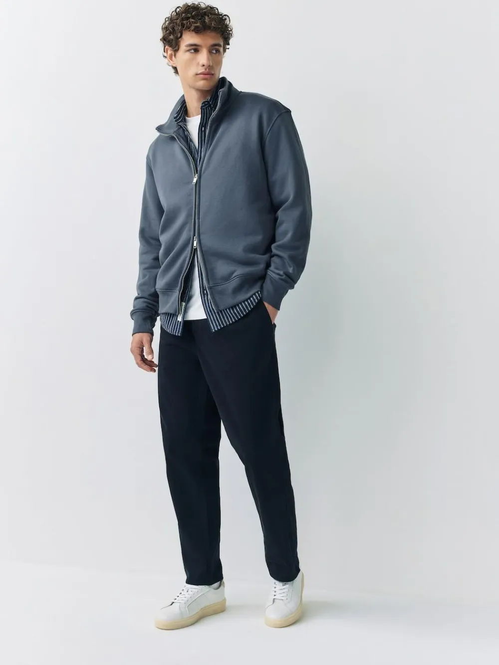 Online Next Cotton Rich Jersey Full Zip Funnel Neck Sweatshirt Blue