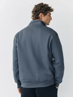 Online Next Cotton Rich Jersey Full Zip Funnel Neck Sweatshirt Blue
