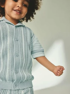 Next Blue Crochet Knitted Short Sleeve Shirt and Shorts Set (3mths-10yrs)^BOY Knitwear & Sweaters|Knitwear