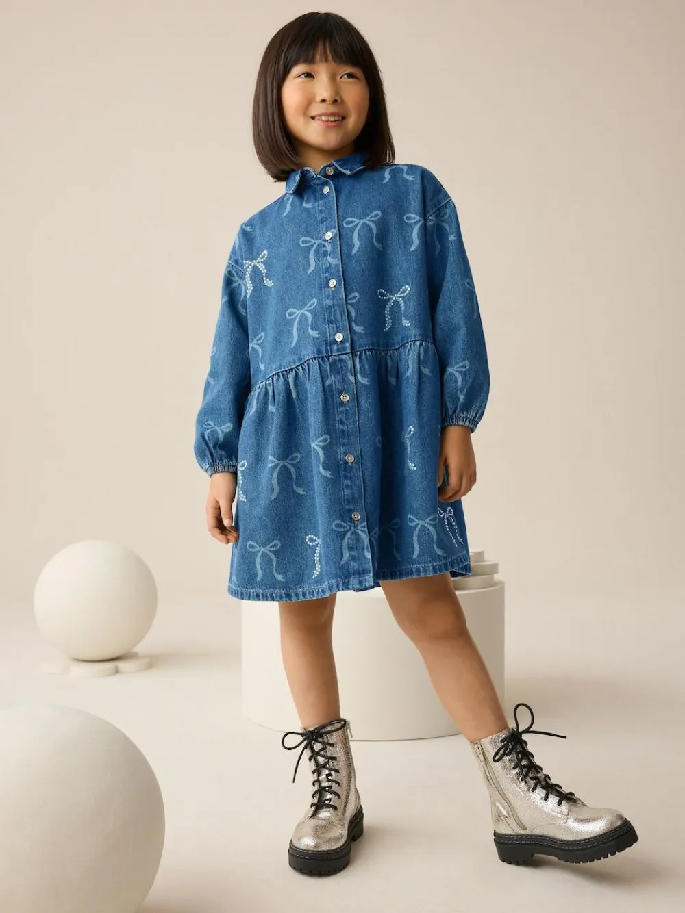 Next Blue Denim Bow Diamante Shirt Dress (3-16yrs)^ Dresses