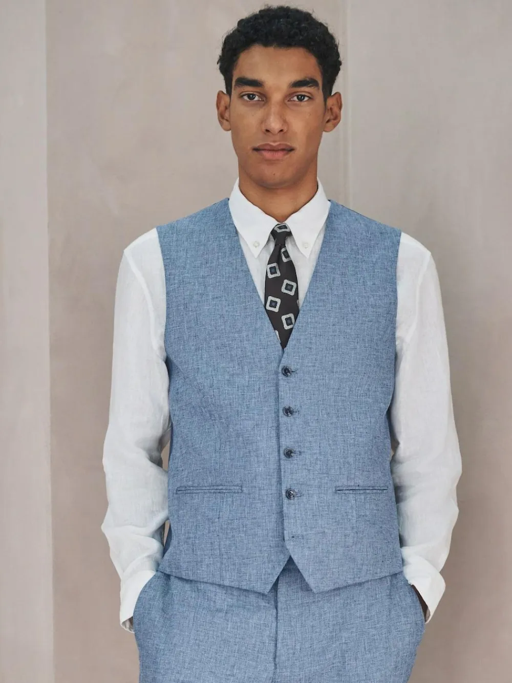 Discount Next Linen Blend Texture Suit Waistcoat Blue