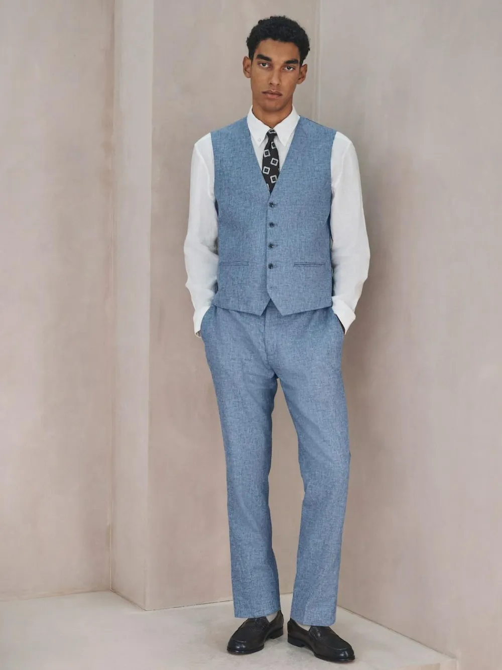 Discount Next Linen Blend Texture Suit Waistcoat Blue
